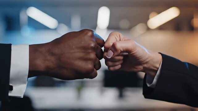 Two diverse business people fist bumping in a contemporary office, symbolizing partnership and achievement.
