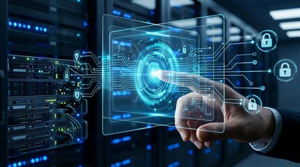Fototapeta premium IT Administrator Hand Pressing Glowing Digital Interface for Server Security and Data Center Network Access