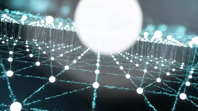Abstract digital network grid with glowing white nodes and lines.
