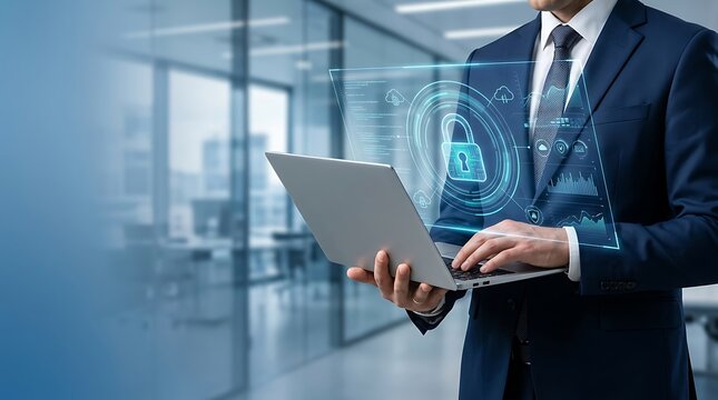 Businessman Holding Laptop with Glowing Digital Padlock Hologram for Corporate Cyber Security Strategy