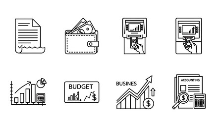 Fototapeta premium Financial reporting icons outline the steps of tracking budgets and using automated banking technology.