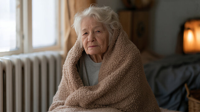 Elderly woman in modest home wrapping herself in blanket beside inefficient baseboard heater, energy poverty documentation, low income household heating cost burden, energy