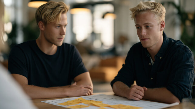 Young technical co-founder working through interpersonal conflict with sales co-founder, each sitting on opposite ends of long table with product spec document between them,