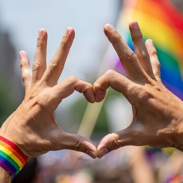 Diverse Hands Forming Heart Shape with Rainbow Flag Colors