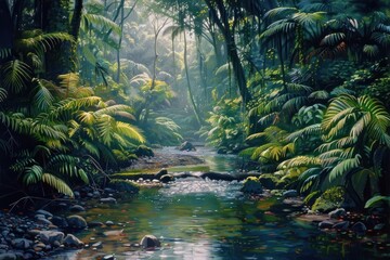 Fototapeta premium Creek in rainforest vegetation outdoors woodland.