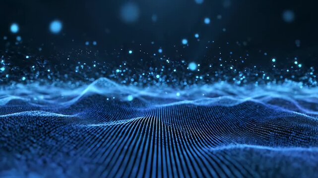 A digital landscape of glowing blue particles forms abstract undulating waves and mountains.