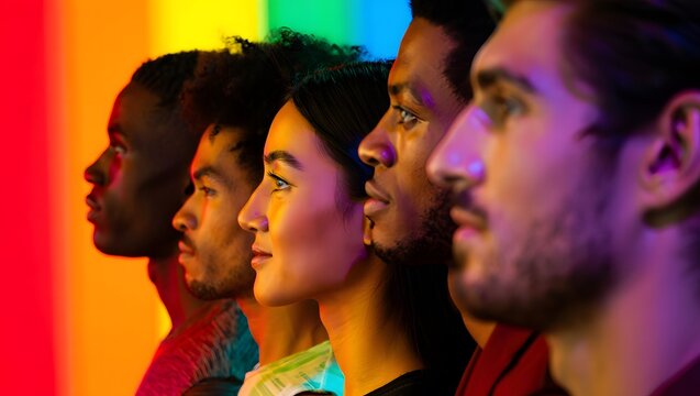 Diverse Group of People with Colorful Background in Profile View