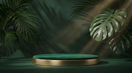 Obraz premium Dark Green Tropical Product Stage with Gold Podium and Monstera Leaf Shadows for Organic Cosmetic Presentation Background