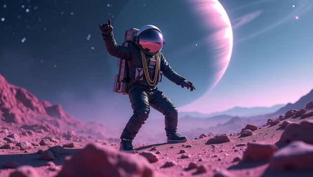Astronaut in black space suit stands on a pink rocky surface with a large planet visible in the background, stars scattered across a dark sky