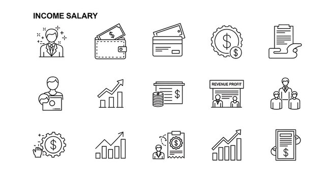 Income salary icons illustrate professional compensation and financial documentation in a clean linear style.