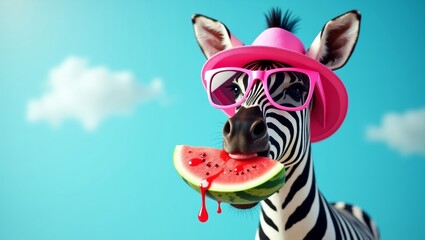 Obraz premium Zebra wearing pink sunglasses and a pink hat holds a slice of watermelon in its mouth against a bright blue sky with fluffy clouds