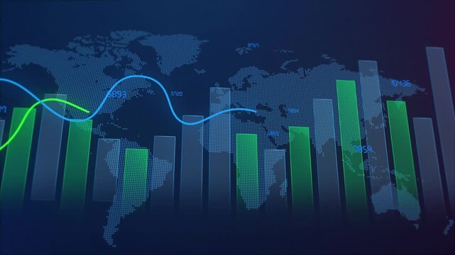 Global financial stock market growth chart with rising bar graph and line metrics over a world map background animation 4k.