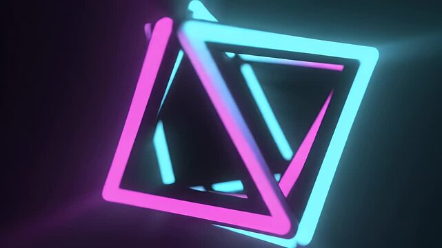 Interlocking neon triangles glow with cyan and magenta light in abstract 3D space.
