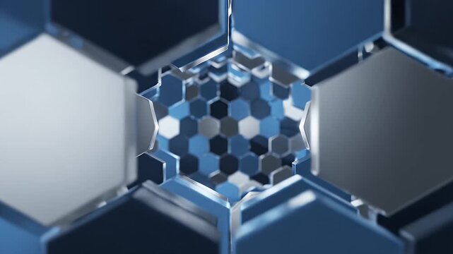 Abstract geometric background with hexagonal patterns in shades of blue and metallic silver.