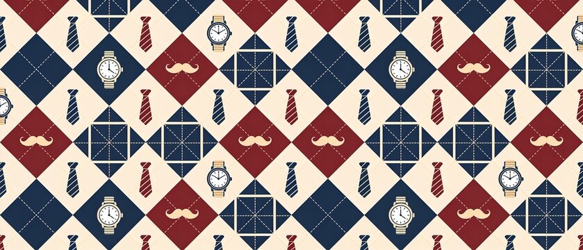 Modern Father's Day Seamless Pattern Navy Blue and Brown Gentleman Icons