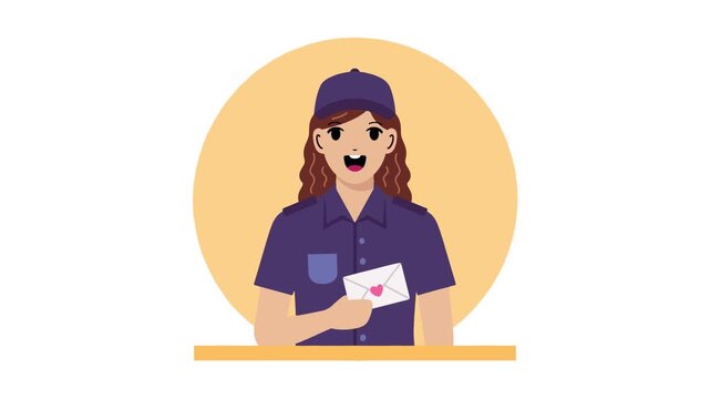 Flat design animation of a female courier or postal worker holding an envelope with a red heart icon on an orange background.