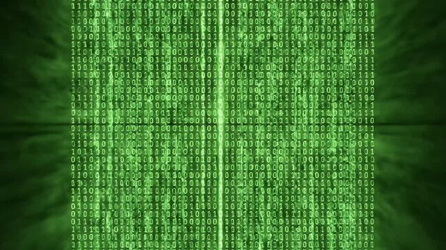 A digital cascade of green binary code streams down a dark background.