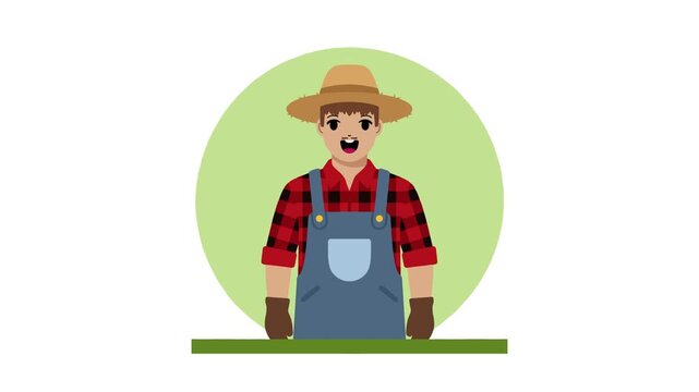 Animated flat character of a young male farmer wearing a straw hat and denim overalls on a green circle background.