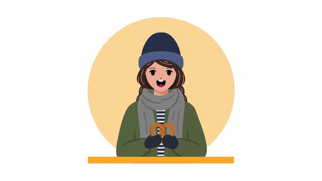 Flat 2D animation of a young female traveler wearing a beanie hat and winter scarf holding a pretzel on an orange background.