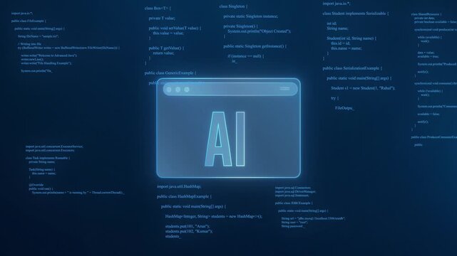 Artificial Intelligence in Software Development Concept with Glowing UI Window and Programming Code animation 4k