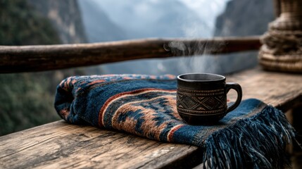 Fototapeta premium Mountain balcony cup on patterned blanket, steaming ceramic mug resting on handwoven textile across weathered wooden railing, misty alpine valley in background, cool sunrise light, rustic cabin mood,