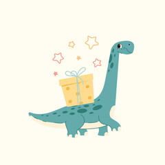 Kids birthday card template with friendly blue dinosaur carrying a big present box. Cute prehistoric animal character for nursery celebration. Vector illustration isolated on cream. © Инна Музыка