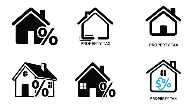 Property Tax Icons Featuring House Shapes And Percentage Symbols Black Silhouette