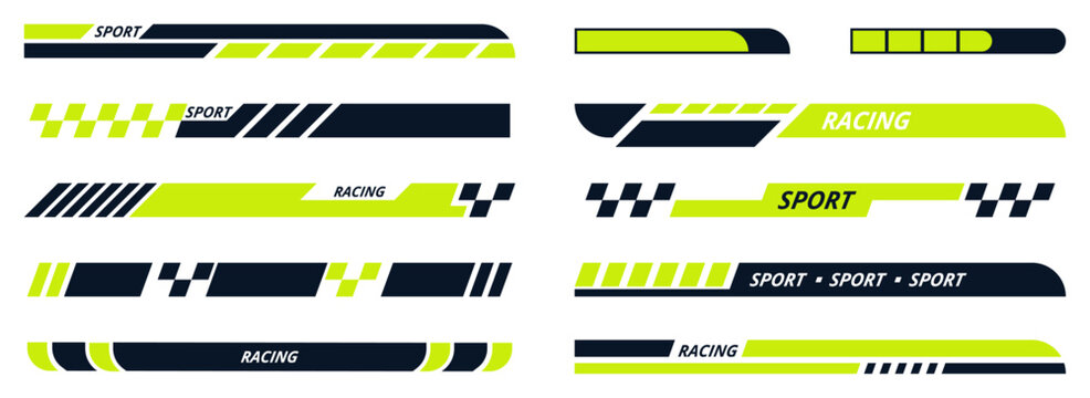 Car and moto Sports racing stripes designs. Sports car, checkered stripes stickers illustration pack. Racing decals and sports livery stickers for vehicle customization. Abstract geometric speed vinyl
