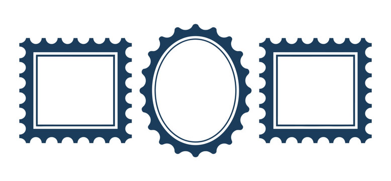 Blue Postage Stamp Frames with Perforated Edges, Rectangular Outlines, Square Formats, Oval Borders, and Vintage Postal Design Details.