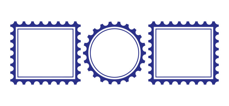 Blue Postage Stamp Frames featuring Serrated Edges, Rectangle Borders, Square Shapes, Oval Designs, and Classic Philatelic Style Elements.