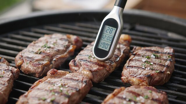 Smart Digital Meat Thermometer Checking Doneness of Beef Steaks Grilling on an Outdoor Barbecue