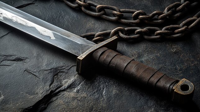 unsheathed. Broken iron chains laid across the blade of a ceremonial sword on dark stone. event programs, museum guides, designed for cultural heritage projects and event programs.