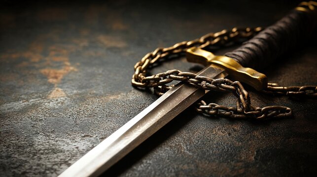 unsheathed. Broken iron chains laid across the blade of a ceremonial sword on dark stone. event programs, museum guides, designed for cultural heritage projects and event programs.