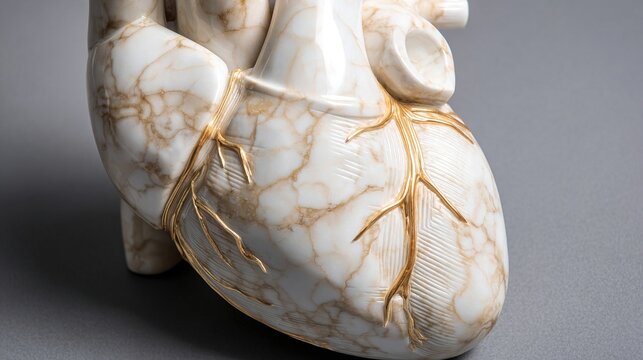 encroaching. A marble-sculpted human heart cross-section with a glossy, fatty texture encroaching on one side. STEM education sheets.