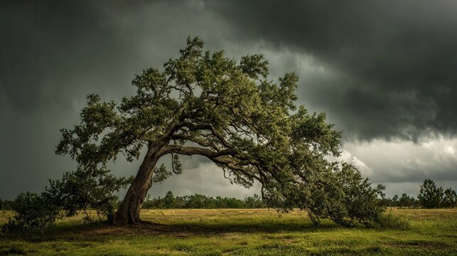 bending. A tall oak tree bending forcefully in a storm with dark sky. product launch decks, UI/UX mockups, designed for data visualization dashboards and holographic UIs, highlights innovation.