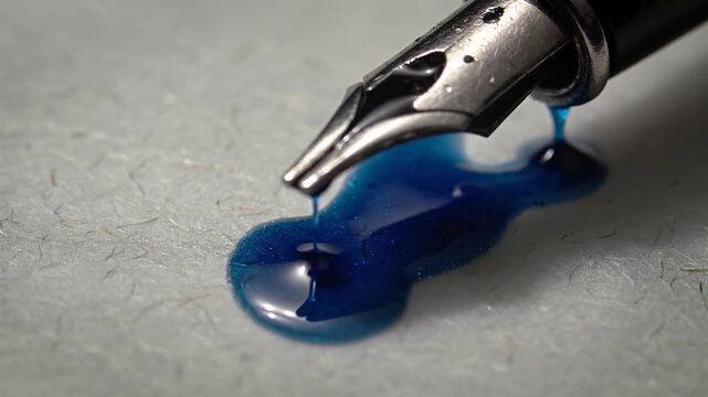 Close-up of a fountain pen nib with ink on a textured surface background
