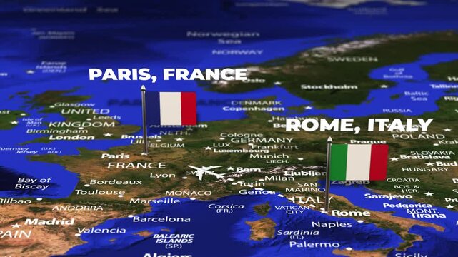 Flight From Rome ITALY to Paris FRANCE with flag pins