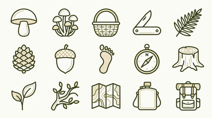 Collection of nature and outdoor adventure icons including mushrooms, basket, knife, fern, pinecone, acorn, footprint, compass, stump, leaf, branches, map, canteen, and backpack. © indira