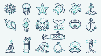 Collection of marine life and nautical icons, including sea creatures, diving equipment, and maritime symbols. © indira