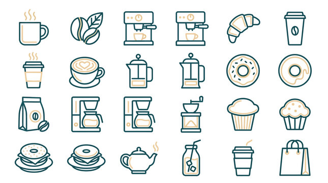 Collection of coffee and pastry icons, representing breakfast and cafe culture.