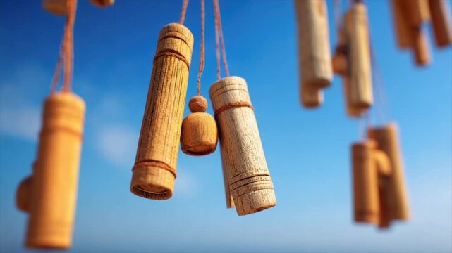 Close-up of wooden cylinders hanging from strings against a bright blue sky