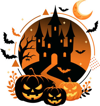 Halloween Haunted Castle with Pumpkins and Bats Vector Illustration