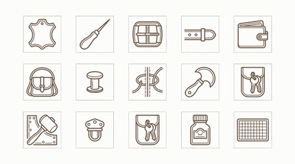 Fototapeta premium Set of icons representing leatherworking tools and products, including a hide, awl, thread, belt, wallet, bag, spool, knot, hammer, keys, mallet, cap, bottle, and grid.