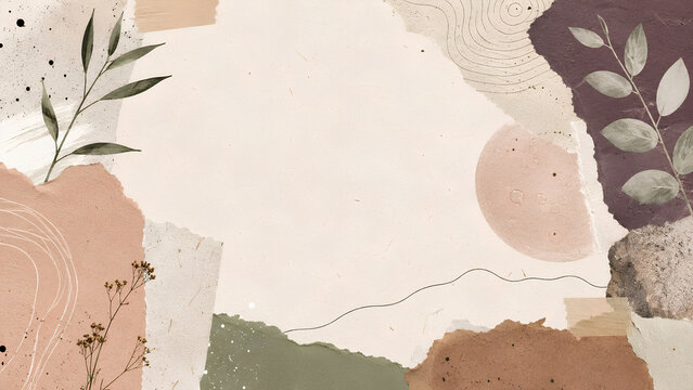 Tactile handmade paper collage template with torn edges liquid serum droplets and organic botanical line art