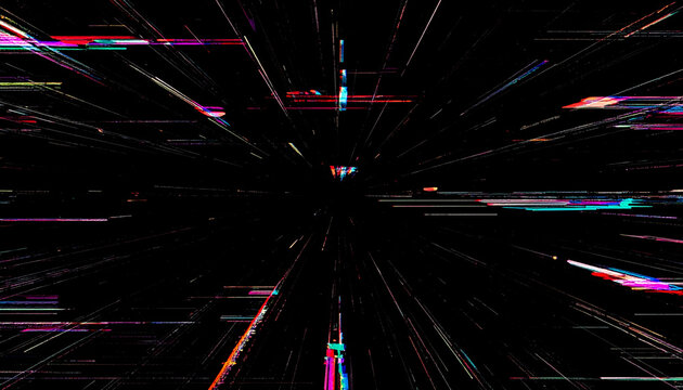 Abstract Digital Glitch Effect with Streaking Lights and Data Transmission Visuals on a Black Background