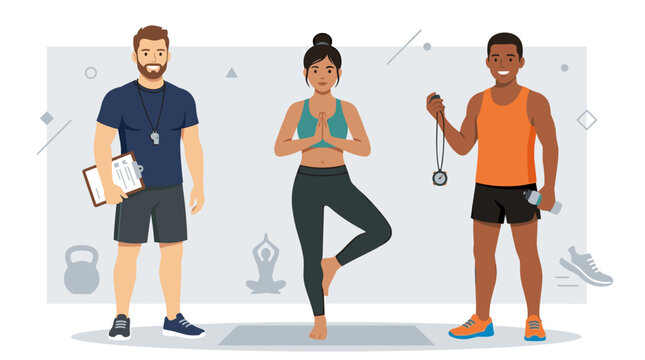 Fitness instructors and yoga practitioner in gym clothing, vector illustration
