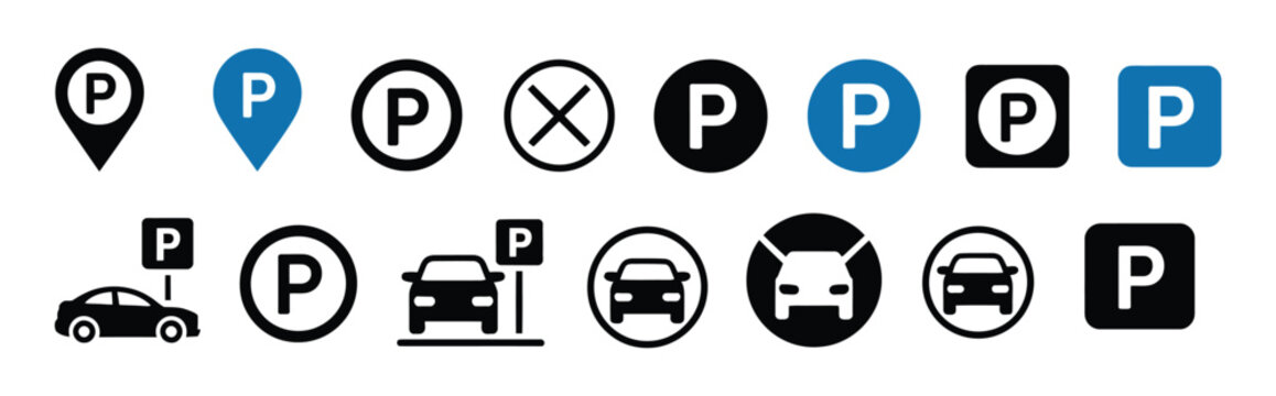 Car parking icon design with public parking signs and location marker symbols