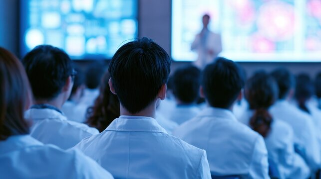 講義室に座る白衣を着た日本の医療従事者と科学者の後ろ姿。国際的な医療カンファレンスでステージ上のぼやけた講演者を見つめる医師たち、継続的医学教育のコンセプト