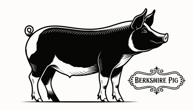 Very beautiful black-and-white engraved vector illustration featuring a BERKSHIRE PIG with realistic body proportions and a decorative breed label reading "BERKSHIRE PIG", rendered in refined engravin