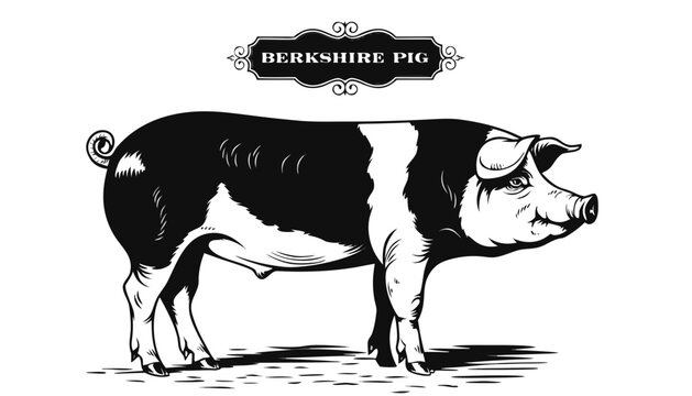 Very beautiful black-and-white engraved vector illustration featuring a BERKSHIRE PIG with realistic body proportions and a decorative breed label reading "BERKSHIRE PIG", rendered in refined engravin